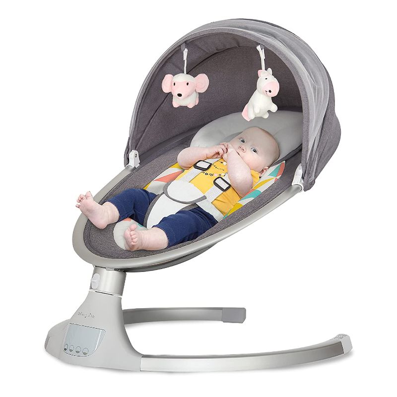 Photo 1 of Dream On Me Zazu Baby Swing, Baby Swing for Infant, 5- Swinging Speed, Two Attached Toys, Bluetooth Enabled and Remote Control, Grey and Pink
