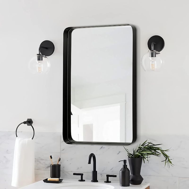 Photo 1 of ANDY STAR Wall Mirror for Bathroom, 24x36 Black Bathroom Mirror, Black Rounded Rectangle Mirror, Matte Black Farmhouse Modern Vanity Mirror Stainless Steel Metal Frame Wall Mounted for Bathroom
