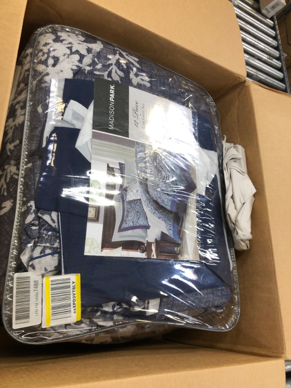 Photo 2 of Madison Park Aubrey King Size Bed Comforter Set Bed in A Bag -12 Pieces Bedding Sets & Aubrey Faux Silk Paisley Jacquard, Rod Pocket Curtain with Privacy Lining, 50" x 95", Navy 
KING 