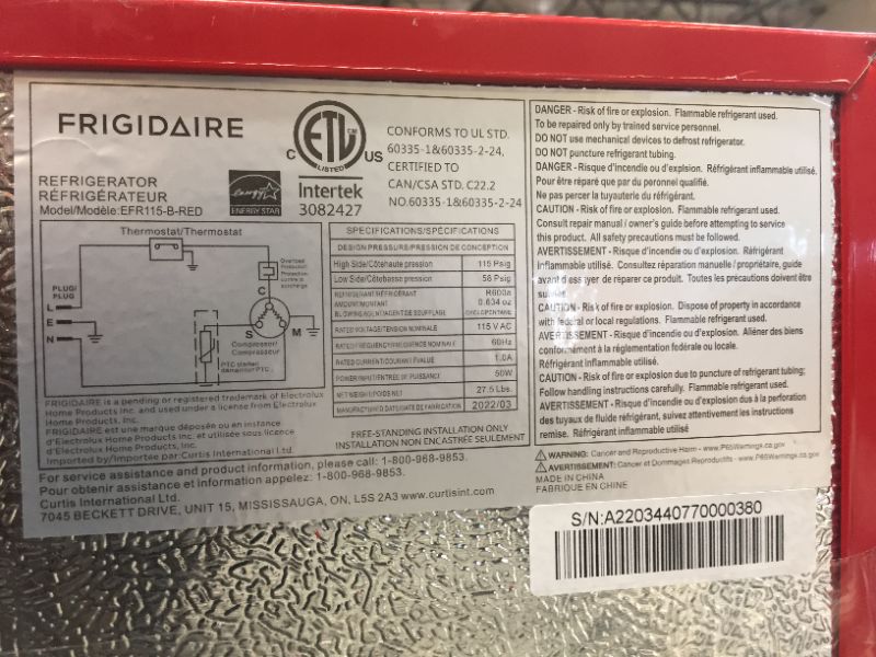 Photo 5 of 
Frigidaire EFR115-RED 1.6 Cu Ft Compact Fridge for Office, Dorm Room, Mancave or RV, Red
Color:RED
Style:Fridge - dents 