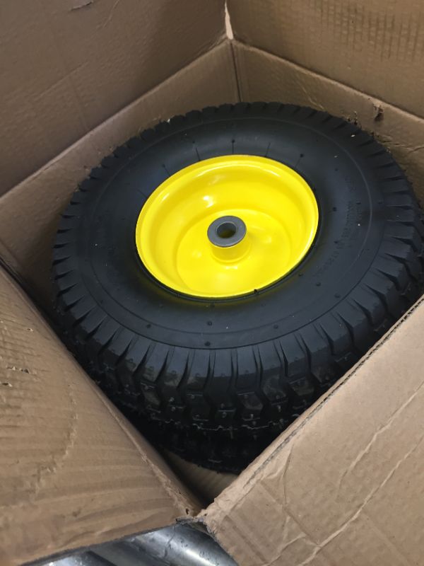 Photo 2 of (2 Pack) AR-PRO Exact Replacement 15" x 6.00 - 6" Front Tire and Wheel Assemblies for John Deere Riding Mowers - Compatible with John Deere 100 and D100 Series - 3” Hub Offset and 3/4” Bushings 15" x 6.00-6" Yellow