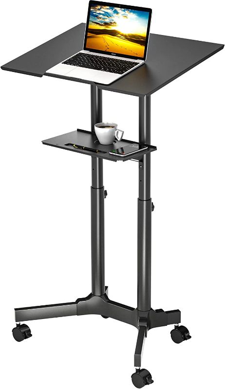 Photo 1 of BONTEC Lecterns & Podiums Portable Mobile Standing Laptop Desk, Sit Stand Desk, Height Adjustable Home Office Classroom Pulpit Stand Up Desk Workstation, Rolling Table Laptop Cart with Storage Tray
