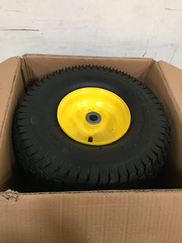 Photo 2 of (2 Pack) AR-PRO Exact Replacement 15" x 6.00 - 6" Front Tire and Wheel Assemblies for John Deere Riding Mowers - Compatible with John Deere 100 and D100 Series - 3” Hub Offset and 3/4” Bushings 15" x 6.00-6" Yellow