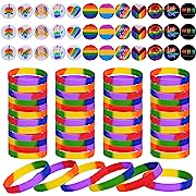 Photo 1 of  Pride Pins Badges Gay Pride Wristband Set, Rainbow LGBT Love Lesbian Lapel Buttons and Rubber Rainbow Bracelets Pride Stuff for Pride Month Parades Party Favors