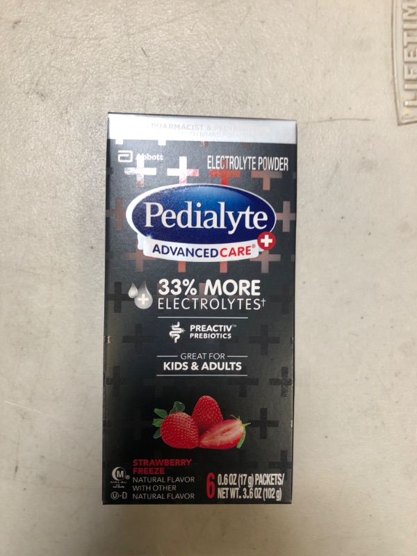 Photo 2 of EXP. 01 APR, 2024 Pedialyte AdvancedCare Plus Electrolyte Powder, with 33% More Electrolytes and PreActiv Prebiotics, Strawberry Freeze, Electrolyte Drink Powder Packets, 0.6 oz, 6 Count