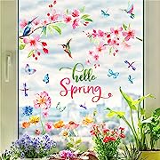 Photo 1 of Yovkky Hello Spring Hummingbirds Flowers Window Clings 9 Sheets, Birds Floral Stickers Decal Decor, Butterfly Dragonfly Watercolor Home Kitchen Decorations