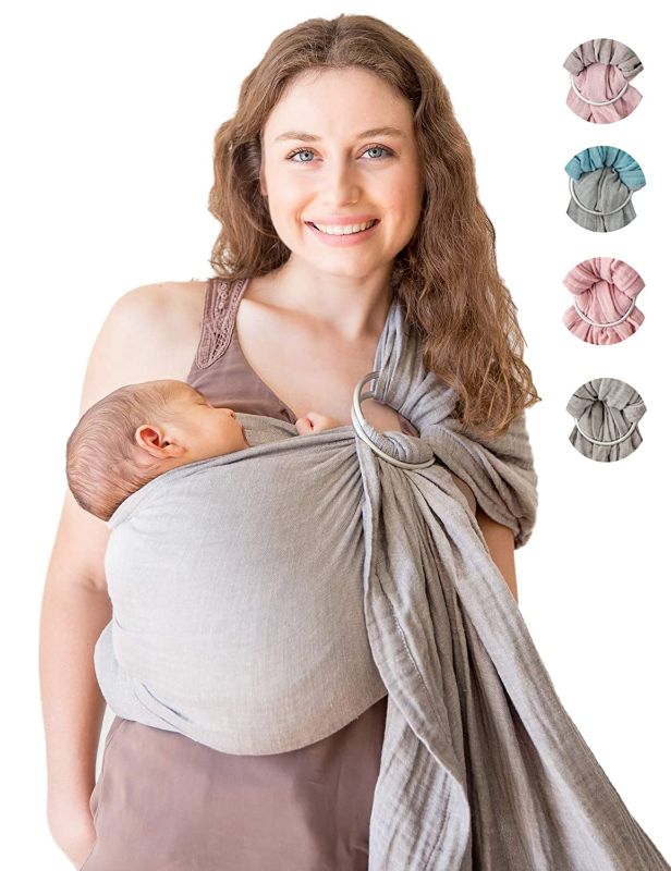 Photo 1 of Baby Sling and Ring Sling 100% Cotton Muslin Infant Carrier, Ring Sling Baby Carrier Front and Chest Newborn Carrier Baby Carrier Wrap, Toddler Carrier – Grey
