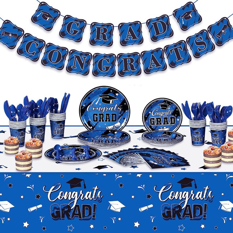 Photo 1 of Yisong 2023 Graduation Party Supplies Congrats Decorations Disposable Paper Plates Napkins Cups Knives Spoons Forks Banner Plastic Tablecloth for College School Graduation Dinnerware (Blue)
