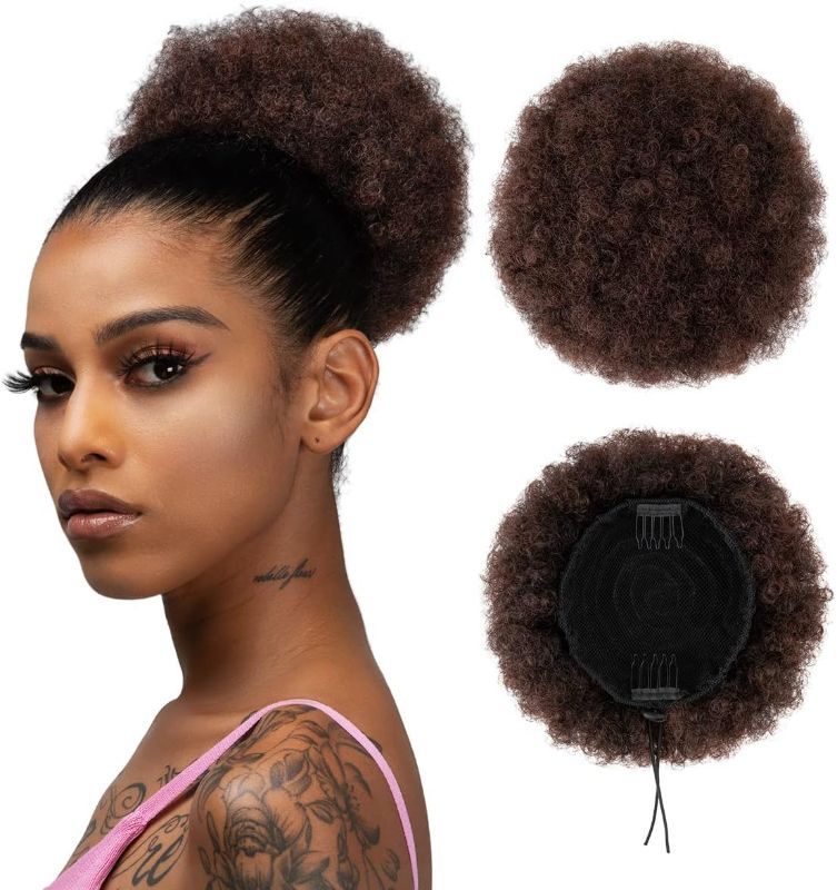 Photo 1 of YUMOREAL Afro Puff Drawstring Ponytail Extension Synthetic Updo Bun Hair Pieces Curly for Black Women Girls Short Fluffy Chignon (Q10&1BTBUG)
