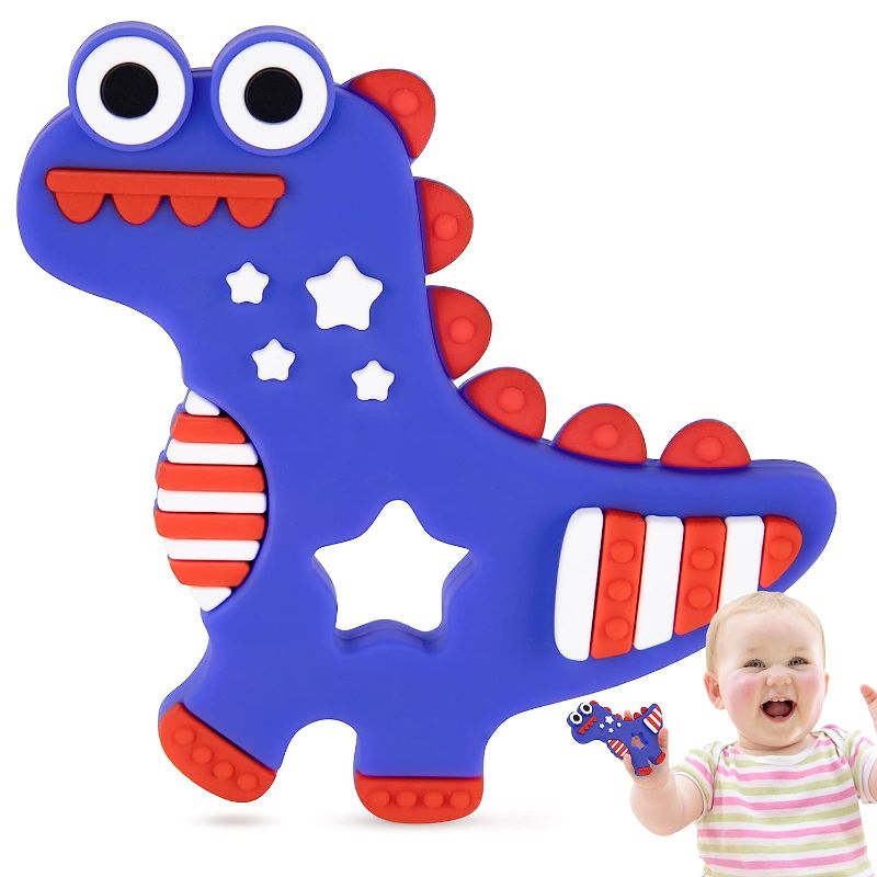 Photo 1 of 4th of July Teether Toys for Babies 3-12 Months, Red White & Blue Dinosaur Baby Teething Toy Sore Gums Relief 6-12 Months, Baby Chew Toy with Massage Point Teethers 4th of July Gifts Boys & Girls
