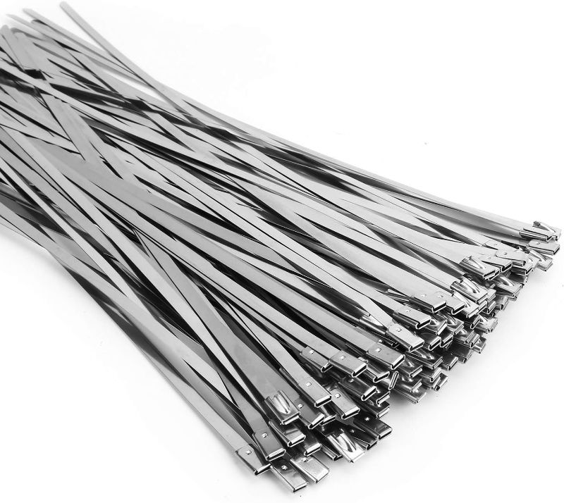 Photo 1 of (100PCS 11.8 Inch) Metal Cable Zip Ties, 304 Stainless Steel, Multi-purpose Heavy Duty Self-locking Cable Ties,Suitable for Exhaust Wrapping, Fence, Outdoor and Canopy Etc.
