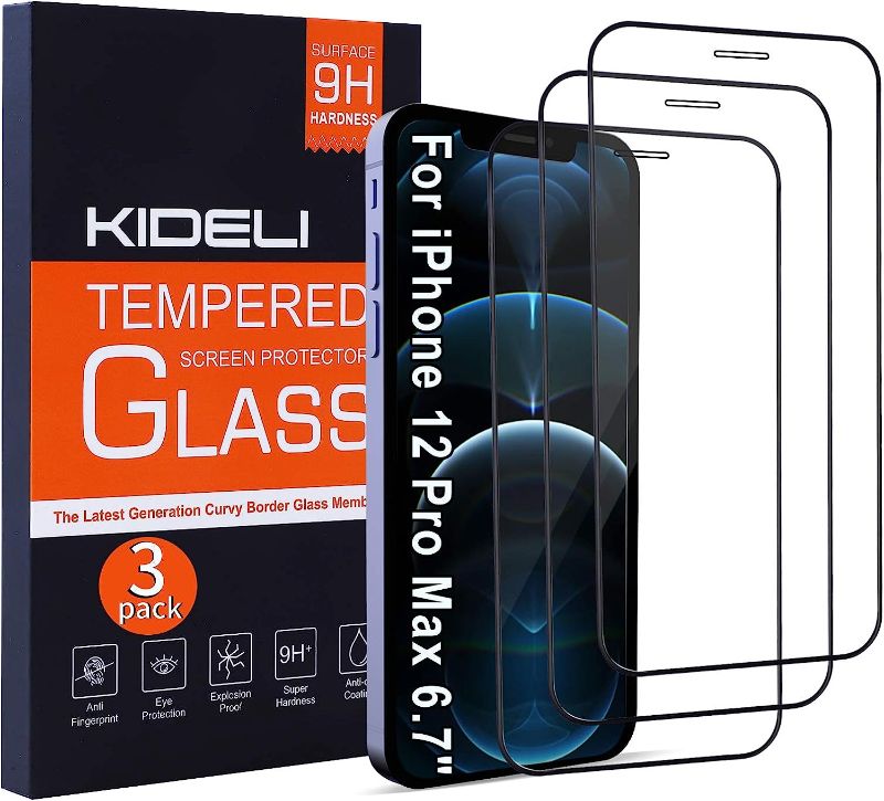 Photo 1 of KIDELI Screen Protector Compatible with iPhone 12 Pro Max 6.7 Inch Full Coverage HD Clarity Tempered Glass Film Anti-Scratch Case Friendly (3 Pack)
