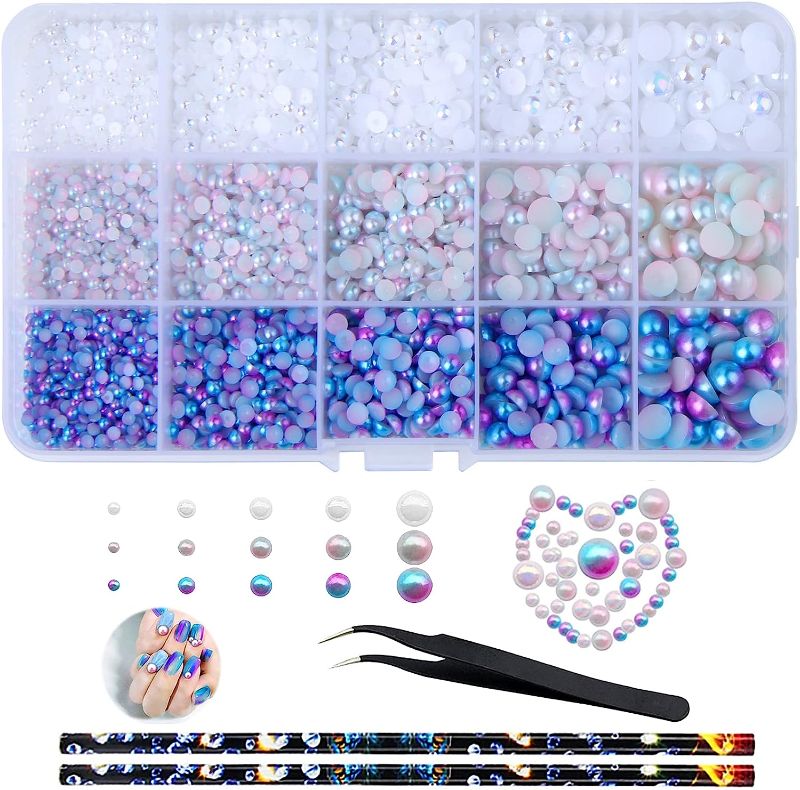 Photo 1 of 6200pcs Half Pearls ABS Round Pearls, Uspacific Half Round Imitation Pearls for Crafts Flatback Pearl Beads 3/4/5/6/8mm for DIY Nails Face Art with Wax Pencil and Tweezer,Gradient
