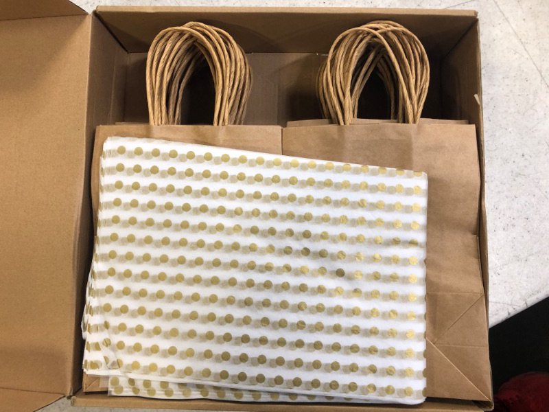 Photo 2 of 50 Pcs Gift Bags with Tissue Paper 8.66 '' x 6.3 '' x 3.15 ''Medium Size Kraft Paper Bag with Handle in Bulk Brown Paper Gift Bags for Father's Day Holiday Birthday Party Wedding Retail Gift Supplies