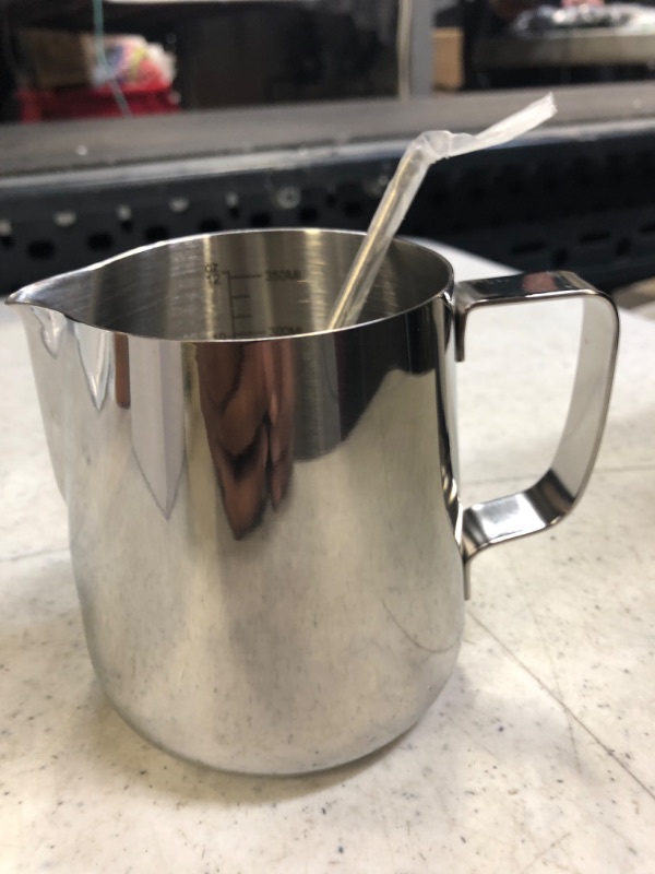 Photo 2 of 12oz 304 Stainless Steel Coffee Frothing Milk Jug, Frothing Pitcher With Decorating Pen, Espresso Coffee Barista Art Milk Cream Cup Cappuccino Jugs