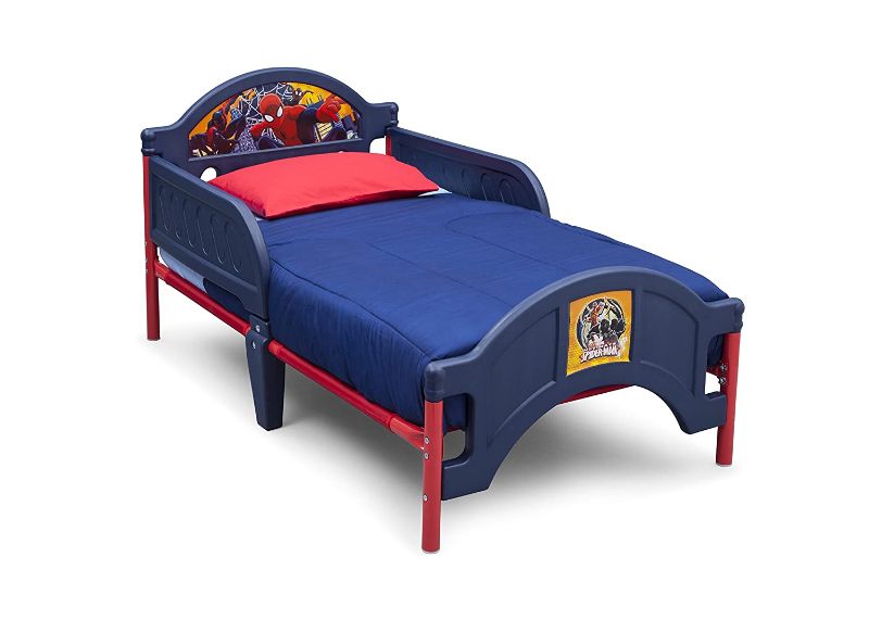 Photo 1 of Delta Children Plastic Toddler Bed, Marvel Spider-Man + Delta Children Twinkle Galaxy Dual Sided Recycled Fiber Core Toddler Mattress (Bundle) Spider-man Bed + Mattress