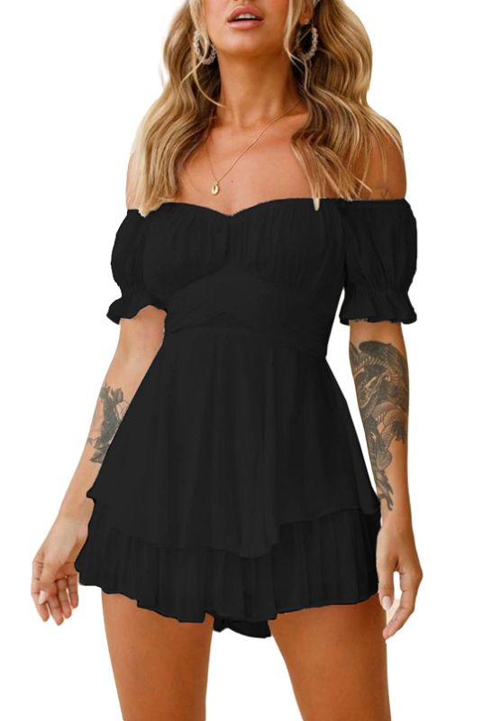 Photo 1 of AHTYEO WOMEN'S CASUAL OFF SHOULDER ROMPER DOUBLE LAYER RUFFLE HEM WAIST TIE SHORT JUMPSUITS LONG BAGGY SLEEVES MINI DRESS C BLACK MEDIUM
