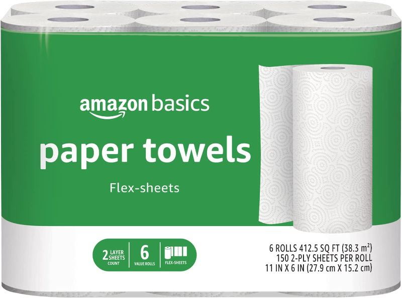 Photo 1 of Amazon Basics 2-Ply Paper Towels, Flex-Sheets, 150 Sheets per Roll, 6 Rolls, White (Previously Solimo)