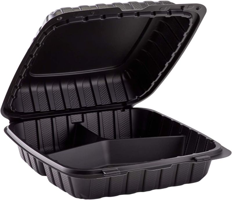 Photo 1 of 53 pack 9 inch x 9 inch Mineral Filled PP Hinged Container, 3 Compartment - Black
