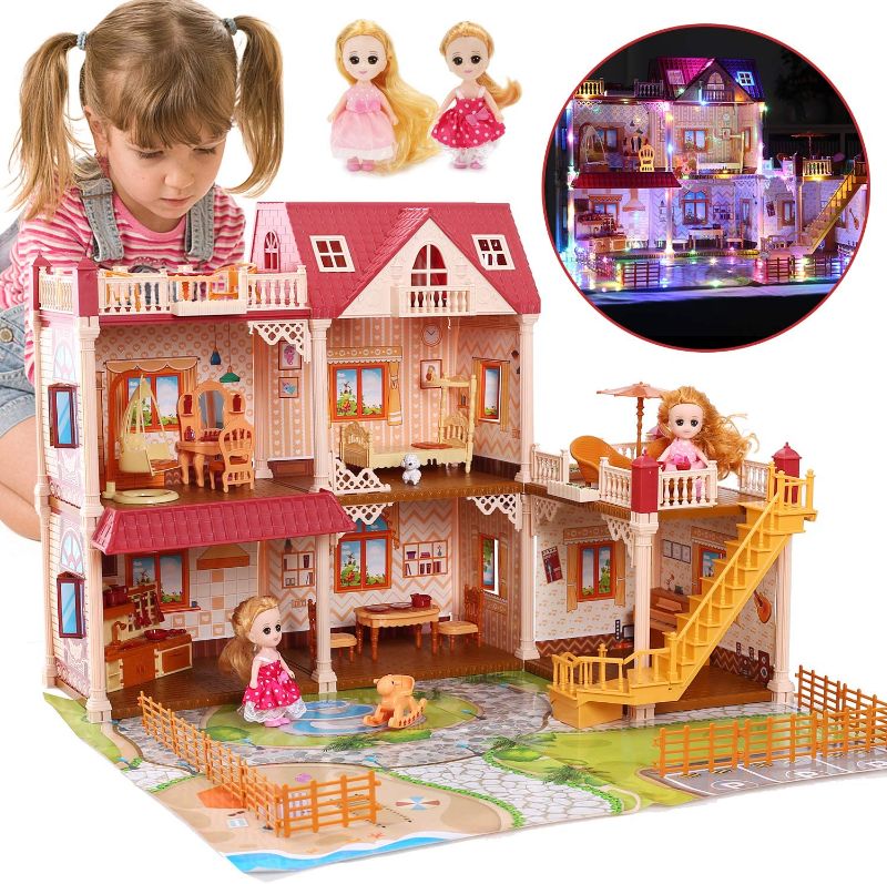 Photo 1 of CUTE STONE Huge Dollhouse with 2 Dolls and Colorful Light, 26" x 23" x 20" Doll House Gift for Girls
