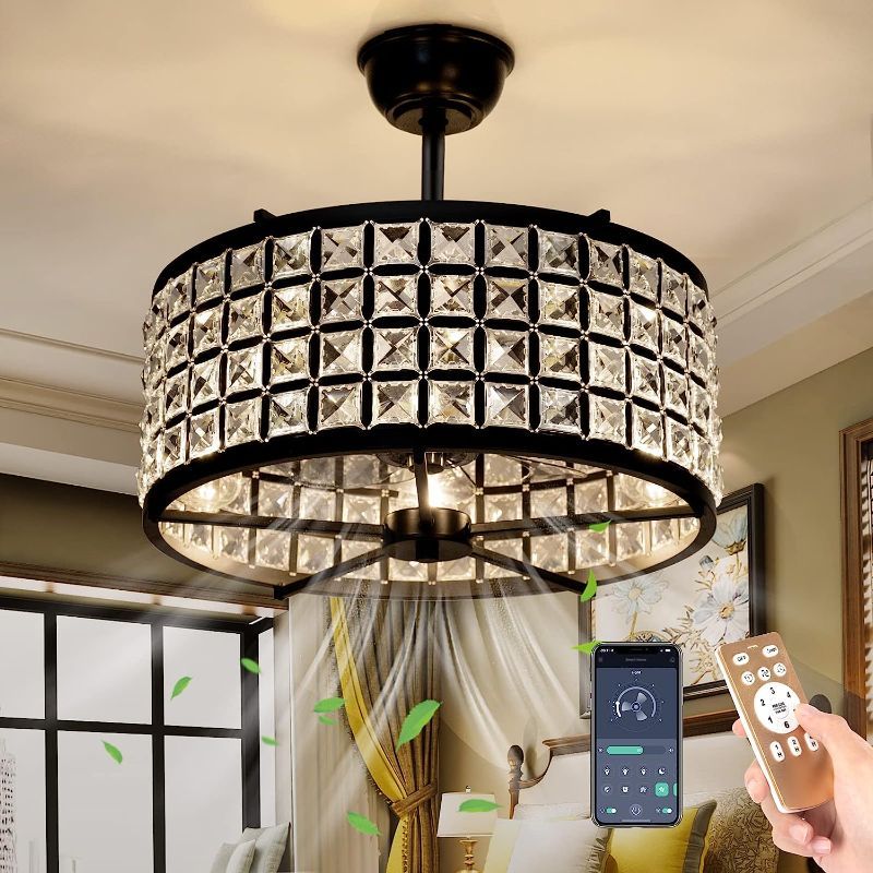 Photo 1 of 20'' Caged Ceiling Fan with Light, Industrial Crystal Ceiling Fan with Remote and App Control,Indoor Flush Mount Fans Light Noiseless Reversible 6 Speeds,1/2/4H Timing for Bedroom Dining Room