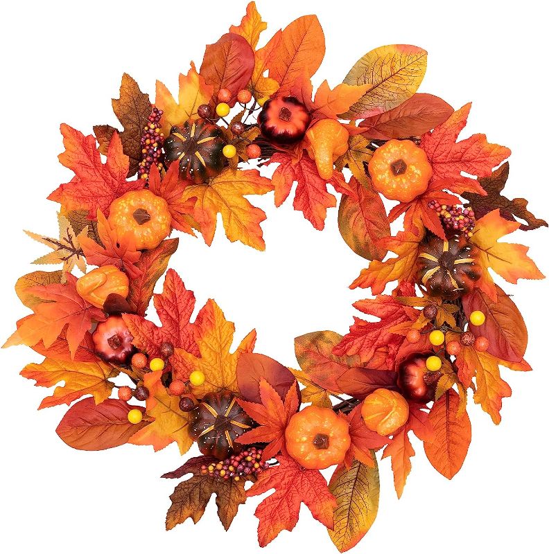 Photo 1 of 24 Inch Fall Door Wreath Fall Maple Leaf Berry Pumpkin Wreath Autumn Harvest Wreath for Front Door Thanksgiving Halloween Fall Decorations Home Decor