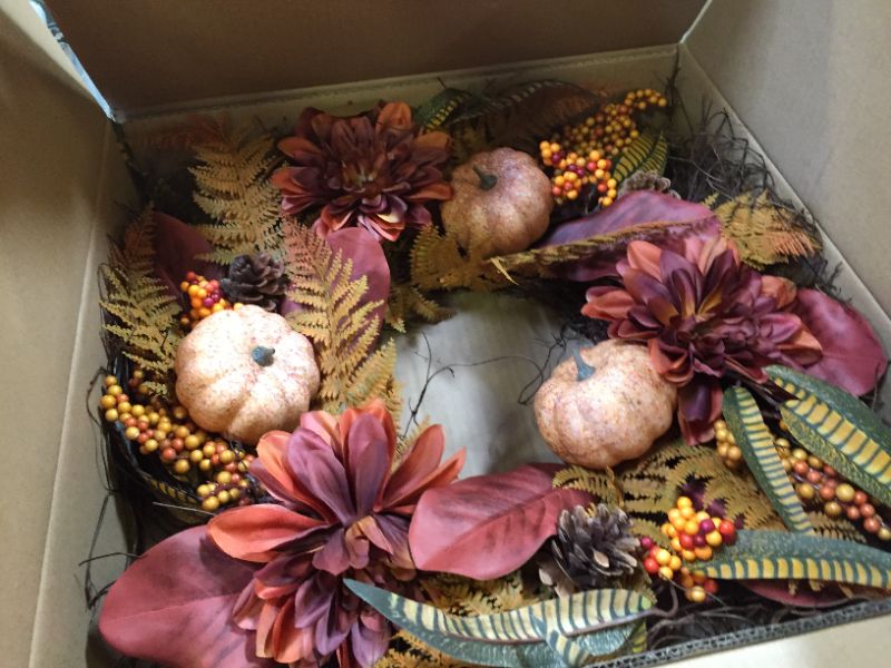 Photo 1 of 24 Inch Fall Door Wreath Fall Maple Leaf Berry Pumpkin Wreath Autumn Harvest Wreath for Front Door Thanksgiving Halloween Fall Decorations Home Decor