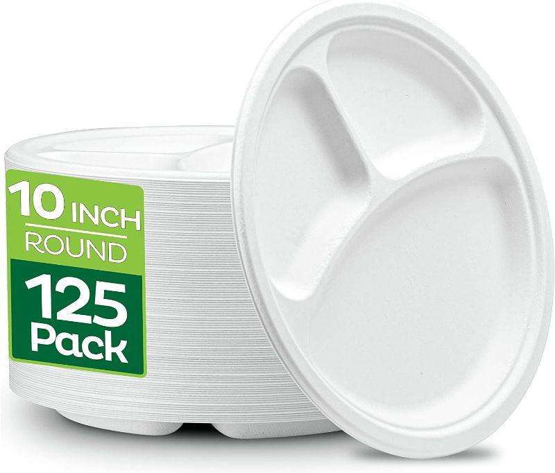 Photo 1 of 100% Compostable 10 inch Heavy-Duty Plates 3 Compartment [125 Pack]