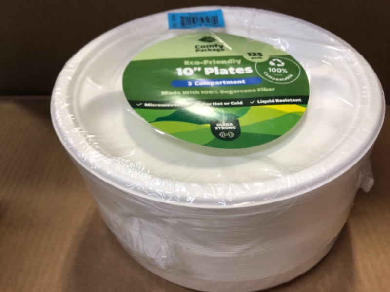 Photo 2 of 100% Compostable 10 inch Heavy-Duty Plates 3 Compartment [125 Pack]