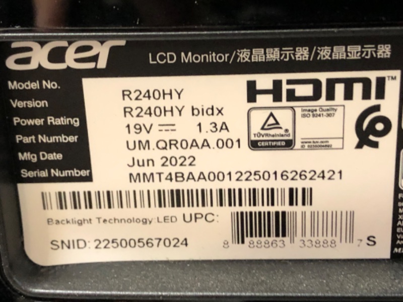Photo 1 of Acer 23.8” Full HD 1920 x 1080 IPS Zero Frame Home Office Computer Monitor - 178° Wide View Angle - 16.7M - NTSC 72% Color Gamut - Low Blue Light - Tilt Compatible - VGA HDMI DVI R240HY bidx Monitor only 23.8-inch IPS 60Hz------and Stand with USB