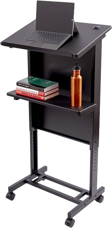 Photo 3 of Stand Up Desk Store Mobile Adjustable Height Rolling Lectern Podium with Heavy Duty Steel Frame (Black Frame/Black Shelves, 25.5" Wide)---factory sealed
