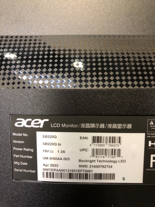 Photo 4 of Acer 21.5 Inch Full HD (1920 x 1080) IPS Ultra-Thin Zero Frame Computer Monitor (HDMI & VGA Port), SB220Q bi