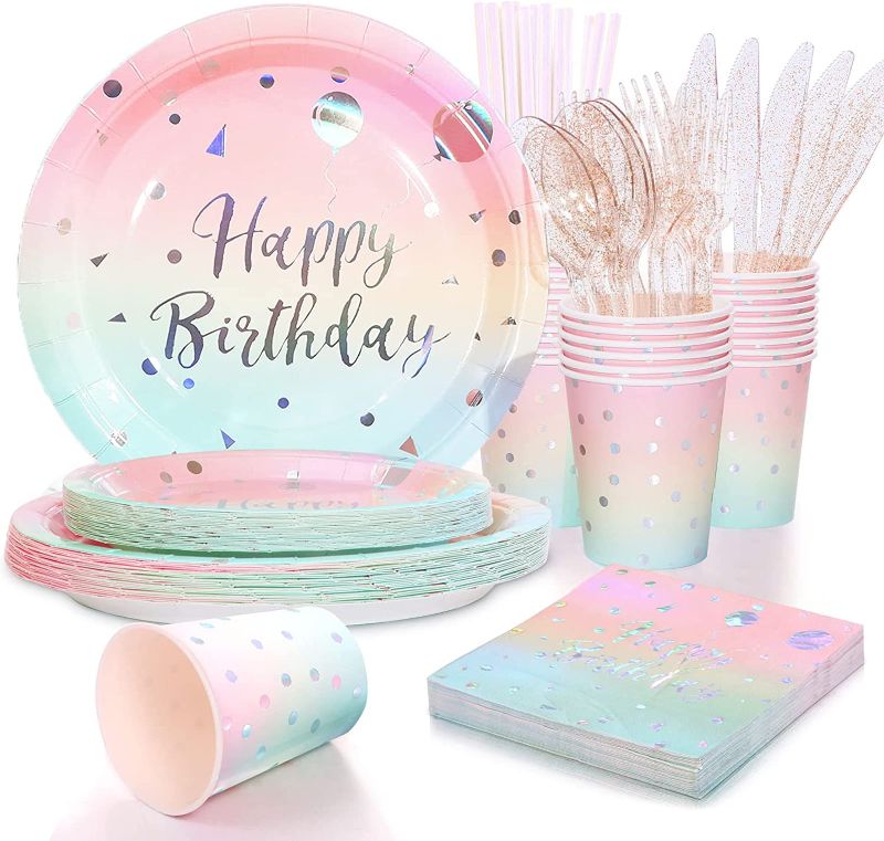 Photo 1 of 200Pcs Pastel Party Decorations Birthday Party Paper Plates and Napkins Party Supplies, Disposable Paper Plates Set-Pastel Paper Plates Napkins Cups Forks Knives Spoons for Birthday Baby Shower Party
