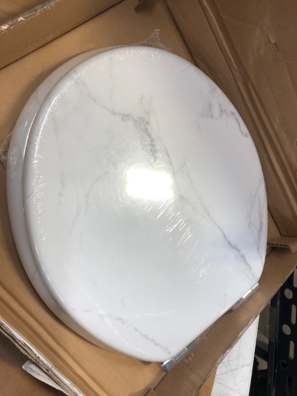Photo 2 of Angel Shield Marble Toilet Seat Durable Molded Wood with Quiet Close,Easy Clean?Quick-Release Hinges (Round,White Marble) Round-16.5“ White Marble-Round