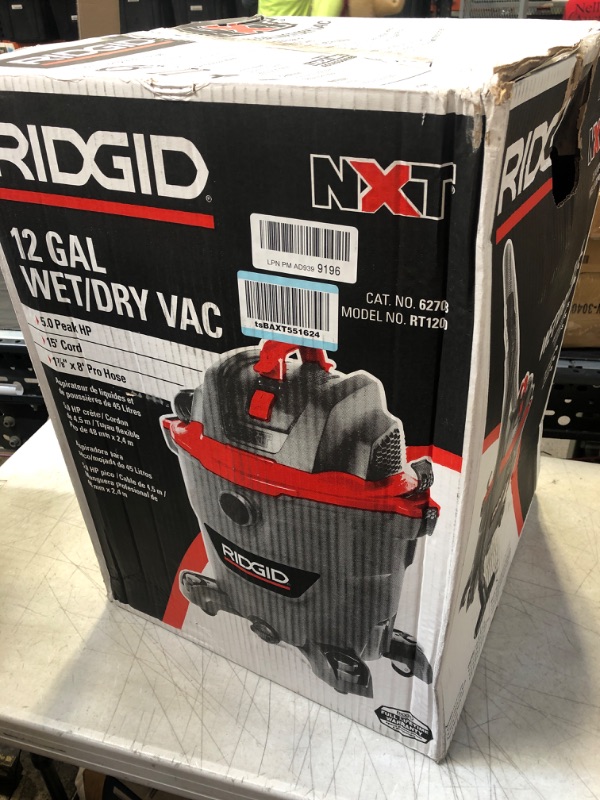 Photo 2 of RIDGID 62703 12 Gallon RT1200 NXT WET/DRY VAC, RT1200, 5.0 HP, Casters, Locking Hose, Dark Gray and Red