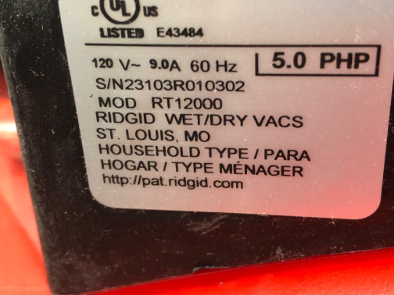 Photo 6 of RIDGID 62703 12 Gallon RT1200 NXT WET/DRY VAC, RT1200, 5.0 HP, Casters, Locking Hose, Dark Gray and Red