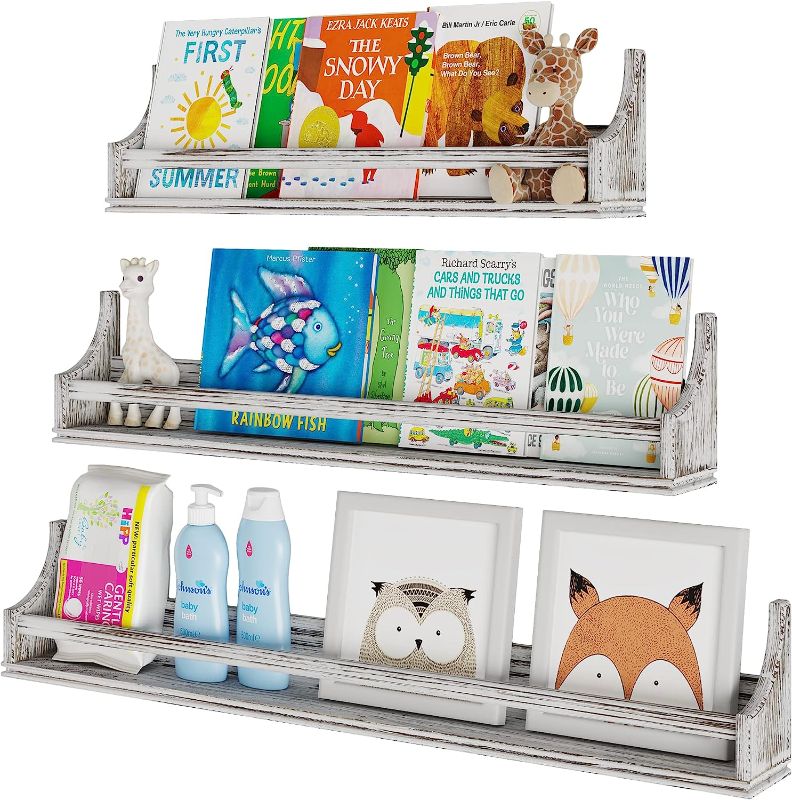 Photo 1 of  36"-30"-24" Nursery Books Shelves Wall, Kids Bookshelf for Wall, Wall Book Shelf Organizer for Kids, Floating Shelves for Wall Decor, Burnt White, Set of 3
