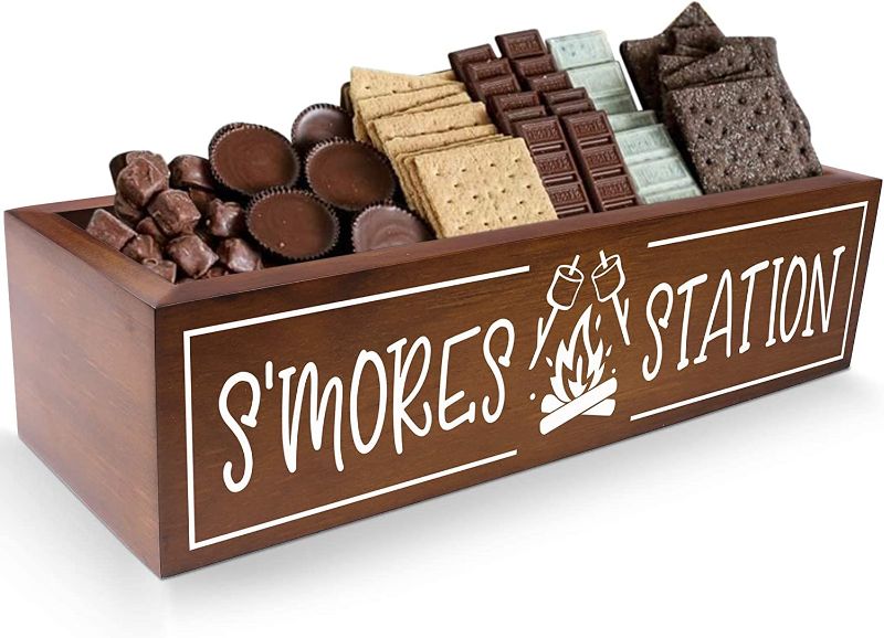 Photo 1 of Zingoetrie S'Mores Station Box S'Mores Bar Holder Farmhouse Kitchen Decor Rustic Smores Roasting Station Wood Organizer Camping BBQ Storage Teacher Gift
