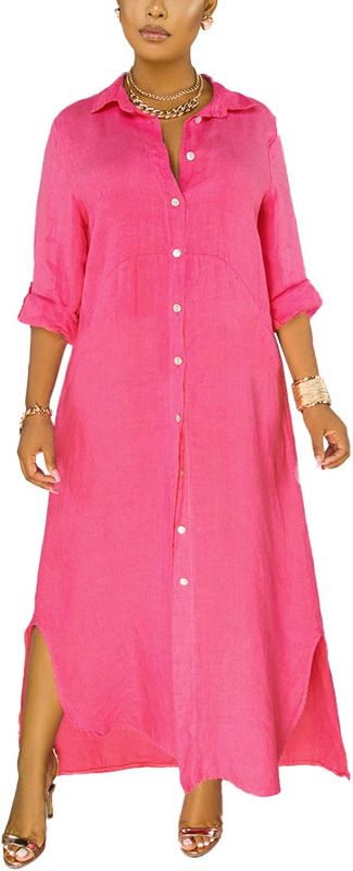 Photo 1 of Anbenser Womens Maxi Shirt Dress V Neck Long Sleeve Long Button Down Linen Dress Cover Ups for Beach Pink Medium
