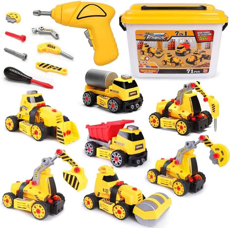 Photo 1 of FLY2SKY Toys for 3 4 5 6 7 8 Year Old Boys 7 in 1 Take Apart Toys with Electric Drill Take Apart Truck Toys Construction Set DIY Engineering Building Toy Push & Go STEM Toy Gift for Boys Toys Age 6-8
