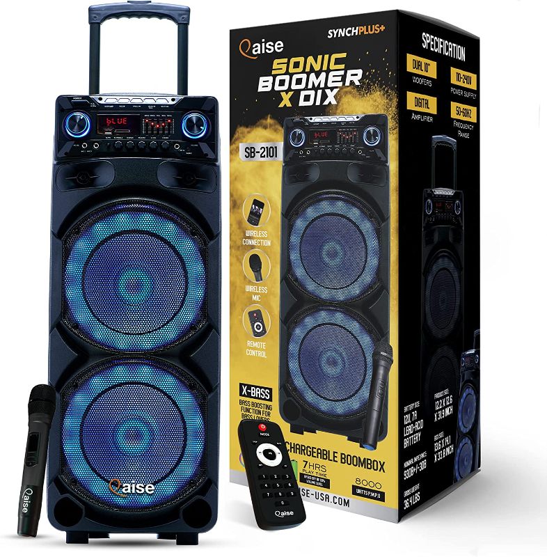 Photo 1 of QAISE Portable PA System with Wireless Mic - Bluetooth Party Boombox Speaker & Karaoke Machine with Lights, Dual 10” Subwoofer, X-Bass & 8000 Watts Peak Power - SonicBoomer X-Dix
