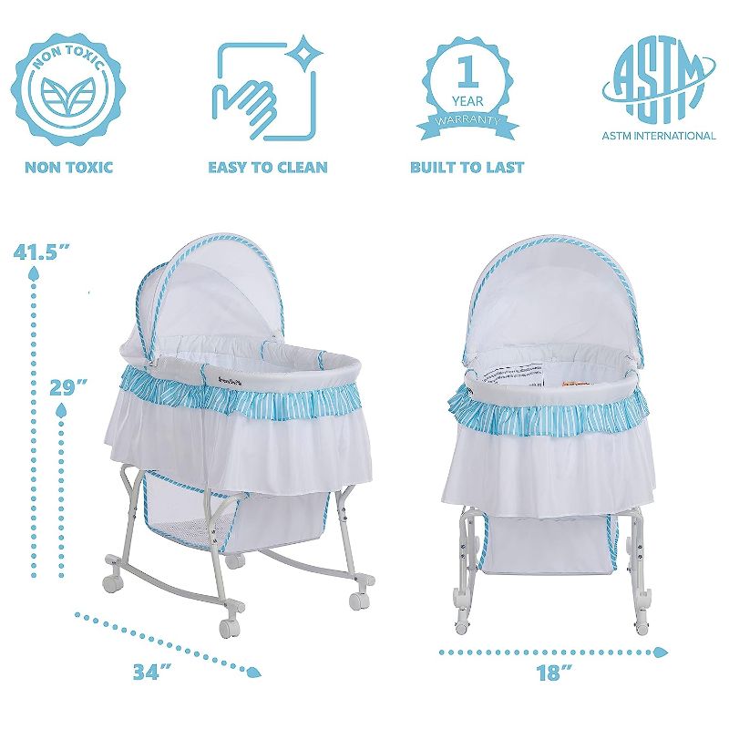 Photo 1 of Dream On Me Lacy Portable 2-in-1 Bassinet & Cradle in Blue and White, Lightweight Baby Bassinet with Storage Basket, Adjustable and Removable Canopy Blue/White