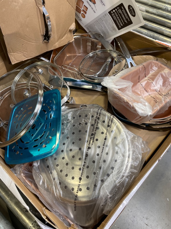 Photo 1 of Gotham Steel Cookware + Bakeware Set, 20 Piece, Turquoise & 5 Quart Stock Multipurpose Pasta Pot with Strainer Lid & Twist and Lock Handles, Nonstick Ceramic Surface Makes, Graphite Turquoise Set + Pasta Pot, Graphite