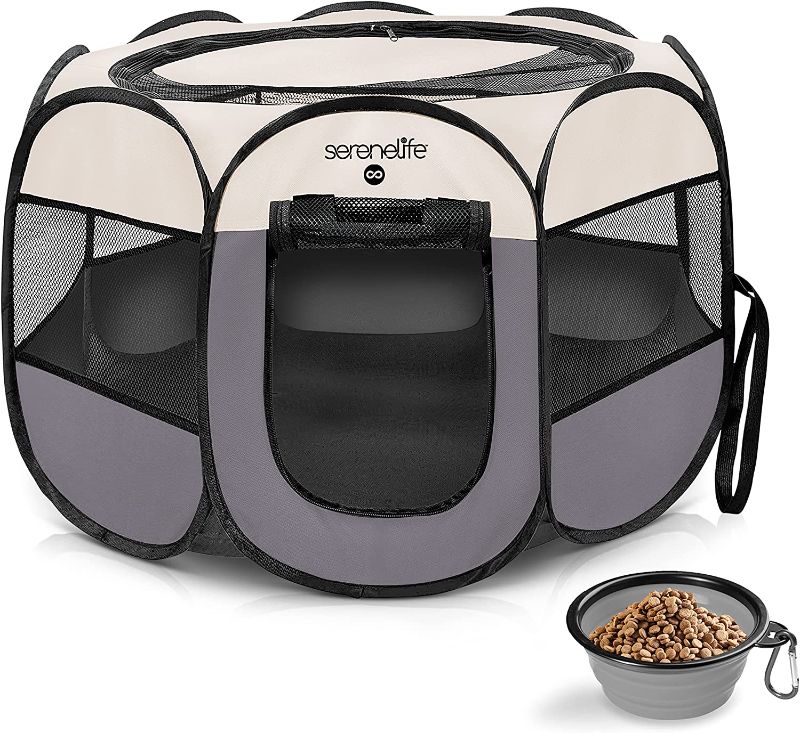 Photo 1 of  ON-The-GO Foldable Portable Pet Tent 8-Panel Playpen for Dog & Cat w/Food/Water Bowl, Mesh Exercise Puppy Playground, Pet House Indoor &...