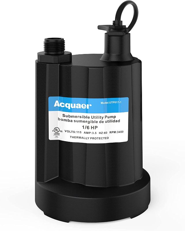 Photo 1 of Acquaer Submersible Water Pump 1/6 HP Sump Pump Thermoplastic Utility Pump Small Electric Water Pump 1750GPH Water Remove for Basement Hot Tubs Garden Pool Cover Draining with 10 ft Cord
