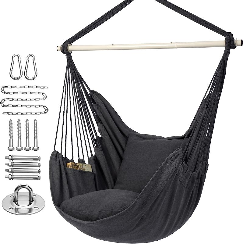 Photo 1 of Y- Stop Hammock Chair Hanging Rope Swing, Max 500 Lbs, 2 Seat Cushions Included, Quality Cotton Weave for Superior Comfort, Durability with Hardware kit (Dark Grey)

