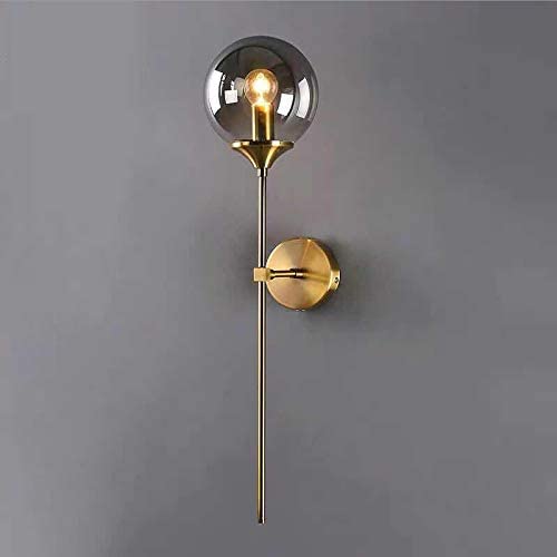 Photo 1 of AMARTIZ Mid-Century Bedroom Bedside Sconce Gold Vanity Wall Light Modern Brass Finish Globe Glass Wall Sconce,Grey Glass Lampshade 2 Pcs