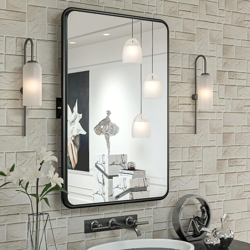 Photo 1 of 24 x 36 Inch Pivot Farmhouse Bathroom Mirror Horizontal Black Vertical, Distance from Wall 3.4IN, Non-Rusting Aluminum Alloy Frame Tilted Up or...