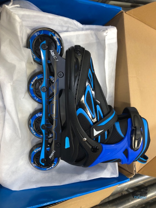 Photo 3 of 2PM SPORTS Vinal Girls Adjustable Flashing Inline Skates, All Wheels Light Up, Fun Illuminating Skates for Kids and Men- Azure Small (1Y-4Y US) Azure & Blue Large - Youth (4-7 US)