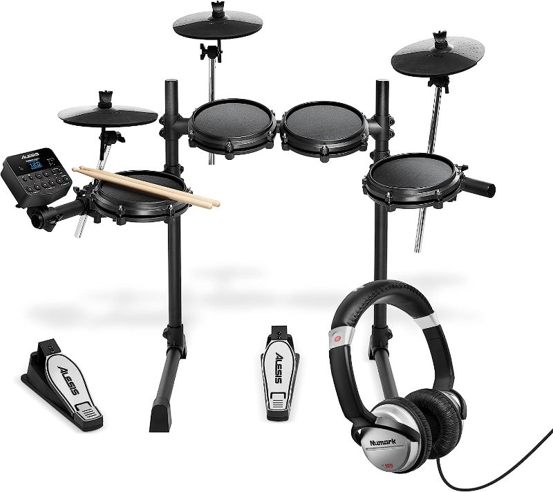 Photo 1 of Alesis Drums Turbo Mesh Kit and Numark HF125 – Electric Drum Set With 100+ Sounds, Mesh Drum Pads, Headphones, Drum Sticks and Drum Lessons
BOX DAMAGE 
